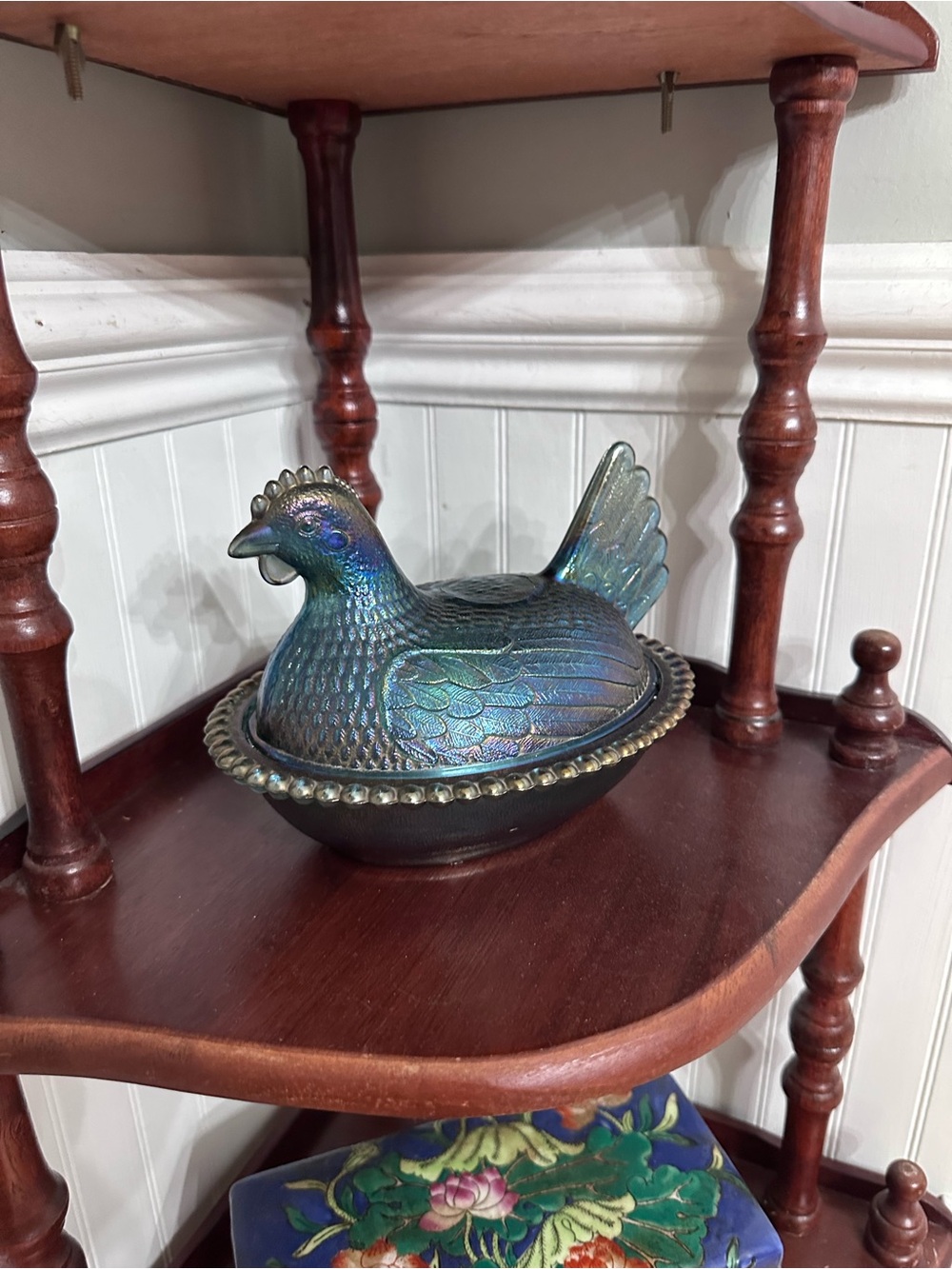 Iridescent Glass Hen on Nest Dish - Blue-